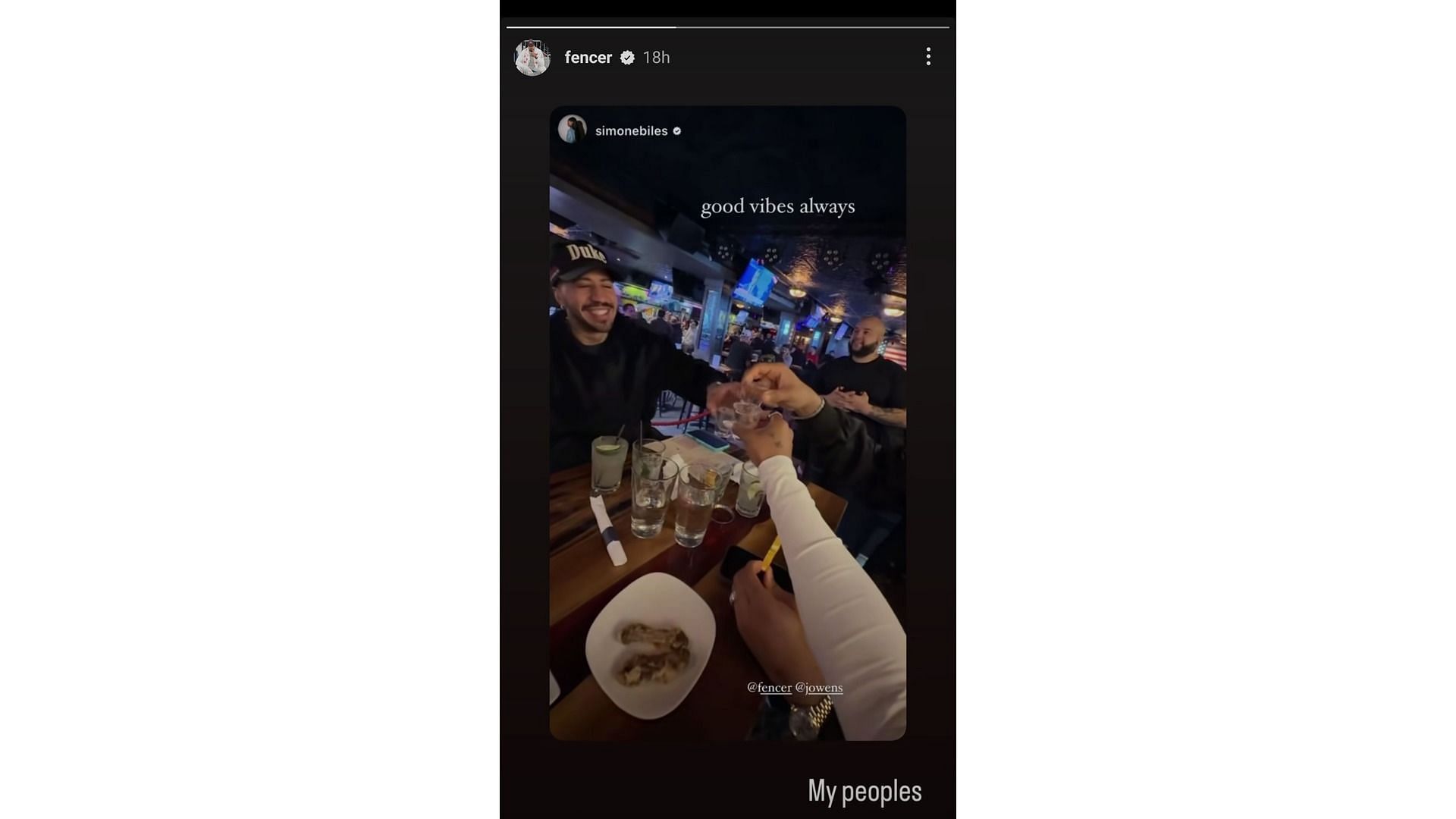 Miles Chamley-Watson's story featuring Simone Biles and Jonathan Owens - Source: via @fencer Instagram